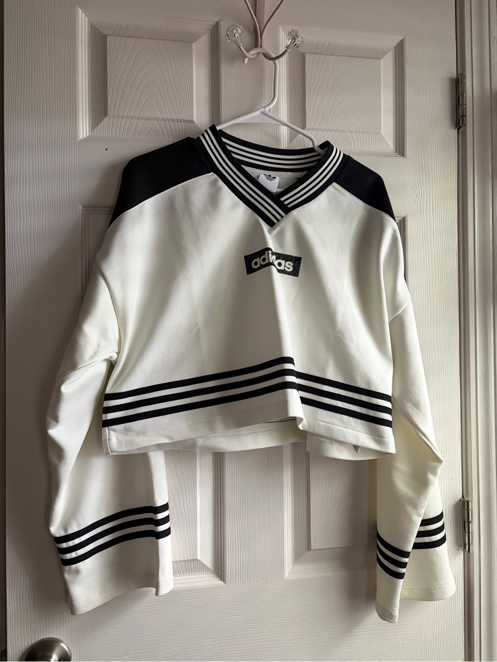 adidas Women's White V-Neck Cropped Sweater with Black Stripes